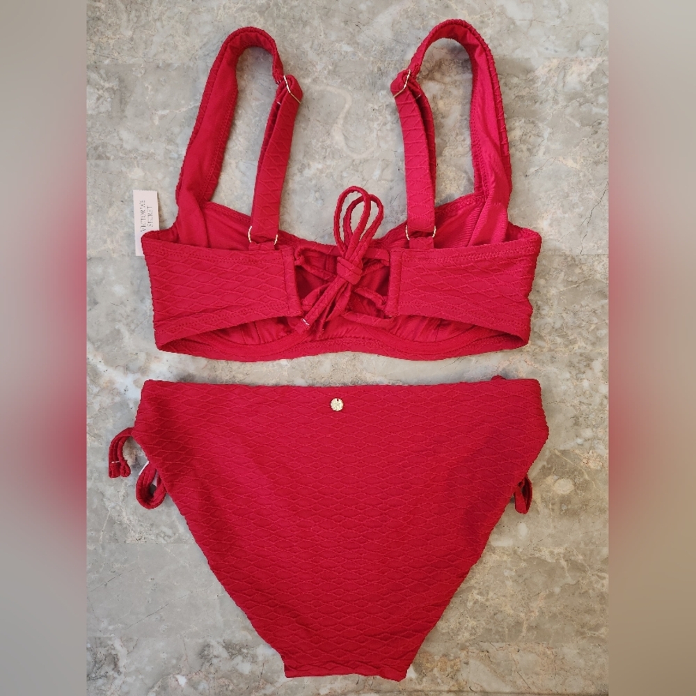 32DD/M VS Swim Full Coverage Bikini Top Side Tie Bikini Set Red - Picture 2 of 9